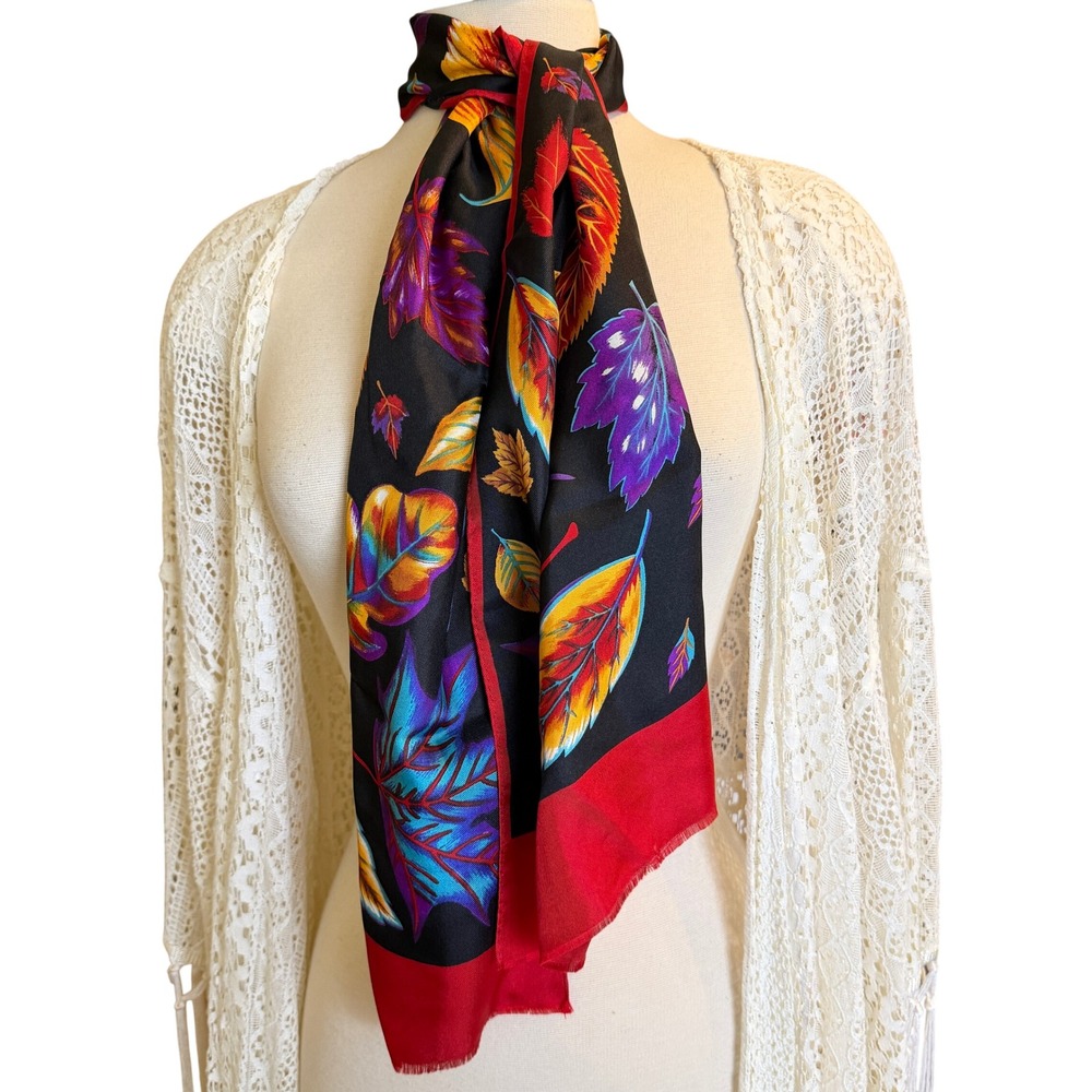 Vintage Fall Leaves Scarf Black Red Border Multicolor Autumn‎ Foliage Oblong